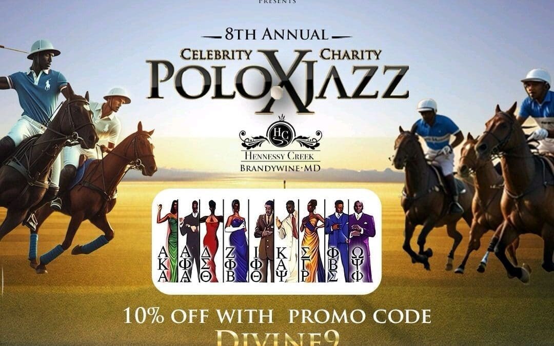 MKYF Promotional poster for the "8th Annual Celebrity Charity Polo & Jazz" event, set for Sunday, September 15, 2024, in Brandywine, MD. Enjoy a 10% off promo code "DIVINE9" while supporting a great cause. Don't miss this auto draft of charm and sophistication!